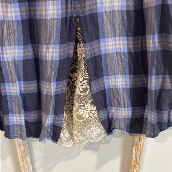 LOGO by Lori Goldstein Blue Plaid Button Down Shirt with Cream Lace - Picture 8 of 8